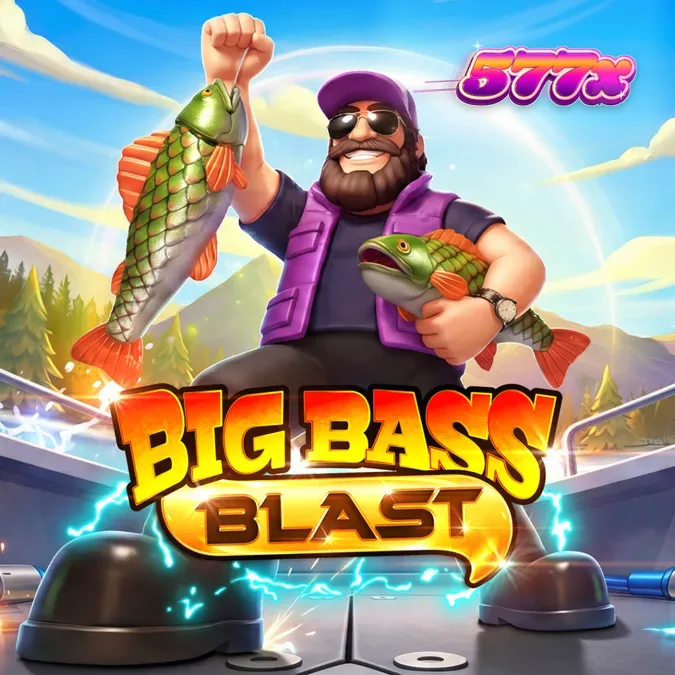 Interface vibrante e eletrificada do slot Big Bass Blast com símbolos de peixes e pescador